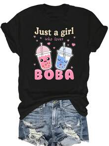 Camiseta "Just A Girl Who Loves Boba" para mujer y unisex, de verano, casual, transpirable, con personalidad, cuello redondo, manga corta, ropa de calle, versátil, adecuada para adolescentes y adultos - Negro - Ver 1
