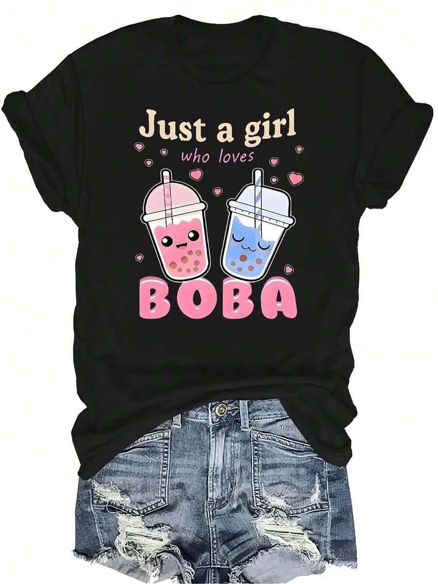 Camiseta "Just A Girl Who Loves Boba" para mujer y unisex, de verano, casual, transpirable, con personalidad, cuello redondo, manga corta, ropa de calle, versátil, adecuada para adolescentes y adultos - Negro - Ver 1