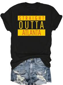 Camiseta de baloncesto "Straight Outta Atlanta" para mujer y unisex, de verano, casual, transpirable, con personalidad, cuello redondo, manga corta, ropa de calle, versátil, adecuada para adolescentes y adultos - Negro - Ver 1