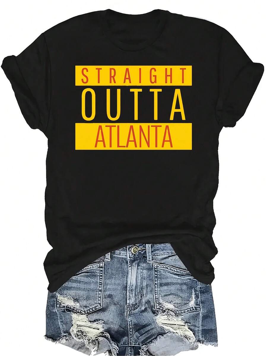 Camiseta de baloncesto "Straight Outta Atlanta" para mujer y unisex, de verano, casual, transpirable, con personalidad, cuello redondo, manga corta, ropa de calle, versátil, adecuada para adolescentes y adultos - Negro - Ver 1