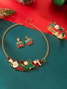 1pc/Set Christmas Oil Drop Santa Claus & Christmas Tree Gift Box Necklace, Earrings, Bracelet, Suitable As Gift For Women