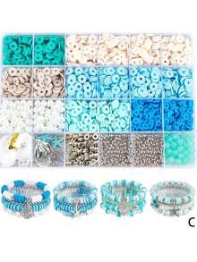 1 Caja Kit de Fabricación de Joyas con Cuentas con Tema Oceánico, Pulsera de Estilo Vacaciones de Verano para la , Conjunto de Cuentas de Arcilla para Pulsera, Collar, Pendientes DIY, Regalo para Vacaciones