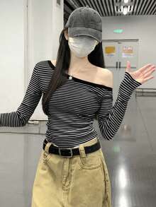 Women Slim Fit Casual Striped Oblique Shoulder Long Sleeve Layering T-Shirt, Minimalist Spring/Autumn Top