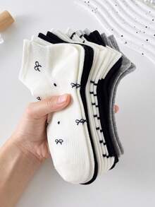 5 Pairs Women's Cute Breathable Striped Bow Polka Dot Pattern Short Invisible Socks, Ankle Socks, Christmas Gift, White Socks, Black Socks, Suitable For Daily & Casual Wear, Suitable For Fall&Winter, For All Seasons - Multicolor - View 8