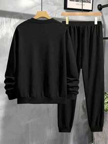 VMPVMP Men's Fashion  Heartbroken  Printed 2-Piece Set, Round Neck Sweatshirt And Pants, Polyester, Athletic Style, Stretch Knit, Regular Fit, Autumn /Winter Collection - 黑色 - 查看 3