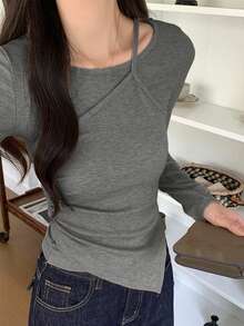 Korean Style Asymmetrical Long Sleeve T-Shirt For Women, Fitted Layering Crop Top, Gentle Vibe, Autumn/Winter Casual Spring - Grey - View 2