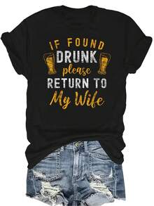 Camiseta divertida de beber para parejas "Si se encuentra borracho, devuélvalo a la esposa" Mujer Unisex Verano Casual Transpirable Personalidad Cuello Redondo Manga Corta Camiseta Ropa de calle Versátil, Adecuado para adolescentes y adultos - Negro - Ver 1