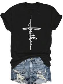 Camiseta con patrones interesantes para mujer y unisex, de verano, casual, transpirable, con cuello redondo, manga corta, estilo urbano y versátil, adecuada para adolescentes y adultos - Negro - Ver 1