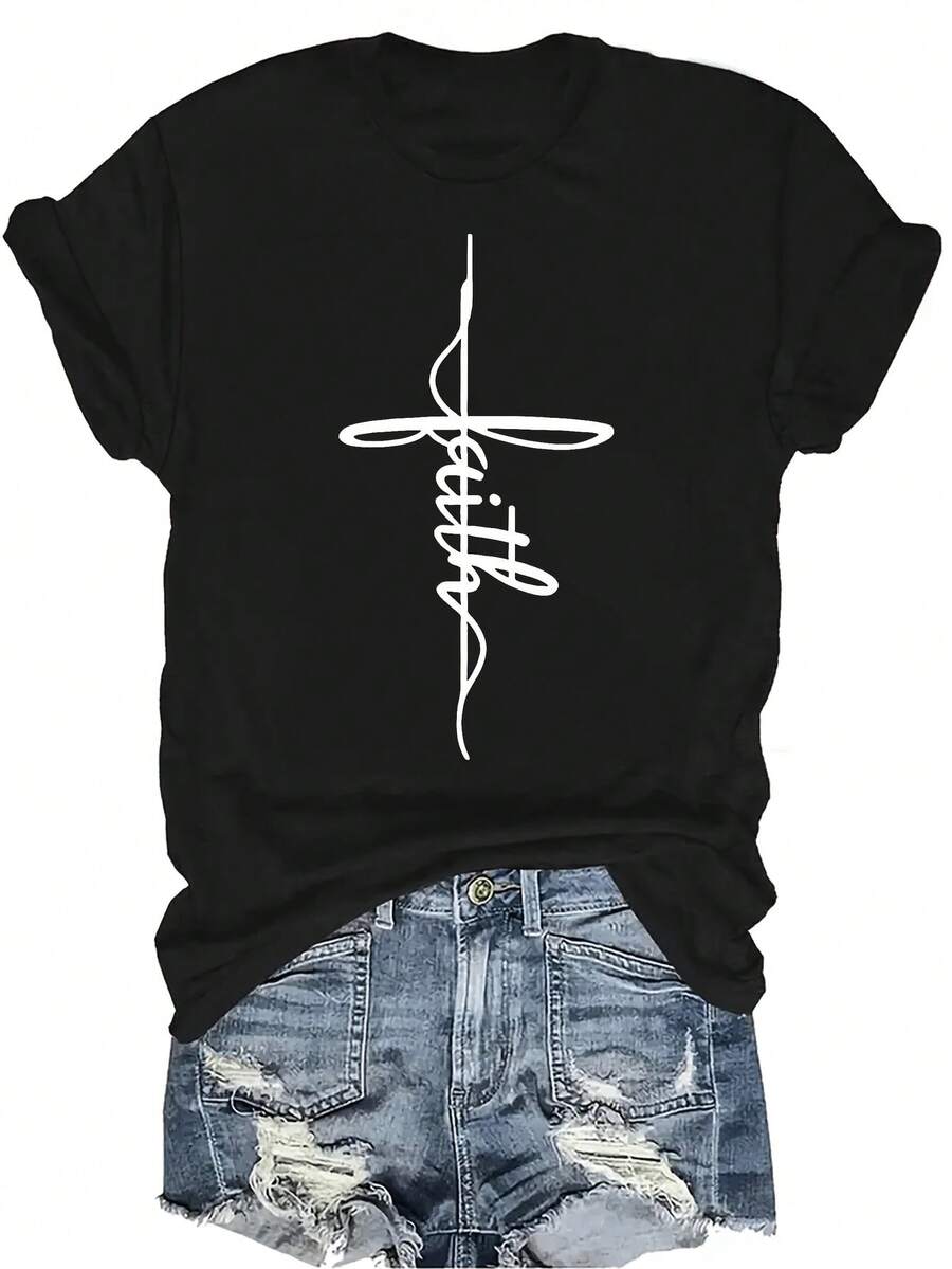 Camiseta con patrones interesantes para mujer y unisex, de verano, casual, transpirable, con cuello redondo, manga corta, estilo urbano y versátil, adecuada para adolescentes y adultos - Negro - Ver 1