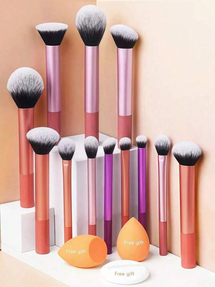 12pcs Multi-Functional Makeup Brush Set Including Powder Brush, Blush Brush, Foundation Brush, Eyeshadow Brush, Blending Brush, Contour Brush, Along With An Oblique Cut Makeup Sponge, Rounded Makeup Sponge, And White Powder Puff,Summer Style, Back To School,Travel,Travel Essential,Valentine's Day,Cheap,Travel Makeup Brush,Gifts For Women,Makeup Artist,Professional Complete Makeup Kit - Multicolor - View 2