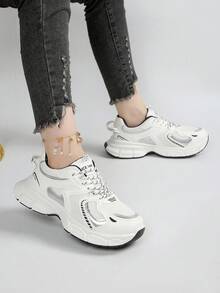 Women's New Sports Chunky Sneakers, Mesh Thick Bottom Shallow Mouth Wedge Heel Casual Shoes, Lightweight Versatile Fashion Casual Shoes, Lace-Up, White, Gray, Sneakers - White - View 3