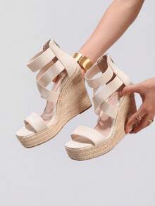 女士休闲帆布坡跟凉鞋，米色露趾踝带厚底鞋，拉链开合，夏季时尚休闲系带凉鞋