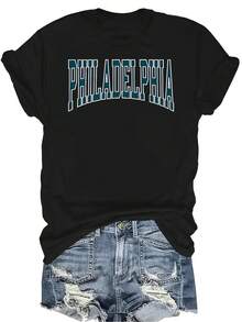 Camiseta de mujer Diseños de Filadelfia Unisex Verano Casual Transpirable Personalidad Cuello Redondo Manga Corta Camiseta Ropa de Calle Versátil, Adecuada para Adolescentes y Adultos - Negro - Ver 1