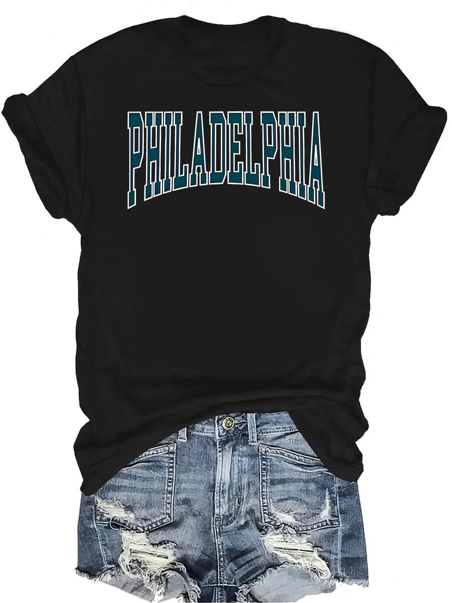 Camiseta de mujer Diseños de Filadelfia Unisex Verano Casual Transpirable Personalidad Cuello Redondo Manga Corta Camiseta Ropa de Calle Versátil, Adecuada para Adolescentes y Adultos - Negro - Ver 1