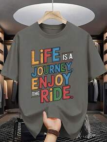 Camiseta gráfica casual de verano para hombres - Impresión "La vida es un viaje, disfruta el recorrido", cuello redondo, manga corta, ajuste regular, tallas para adultos - Negro - Ver 9