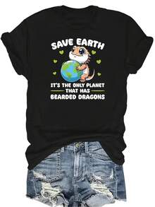 La Camiseta del Día de la Tierra con Dragones Barbados es el único planeta con Camiseta de Mujer Unisex de Verano Casual Transpirable de Personalidad de Cuello Redondo de Manga Corta, Ropa de Calle Versátil, Adecuada para Adolescentes y Adultos - Negro - Ver 1