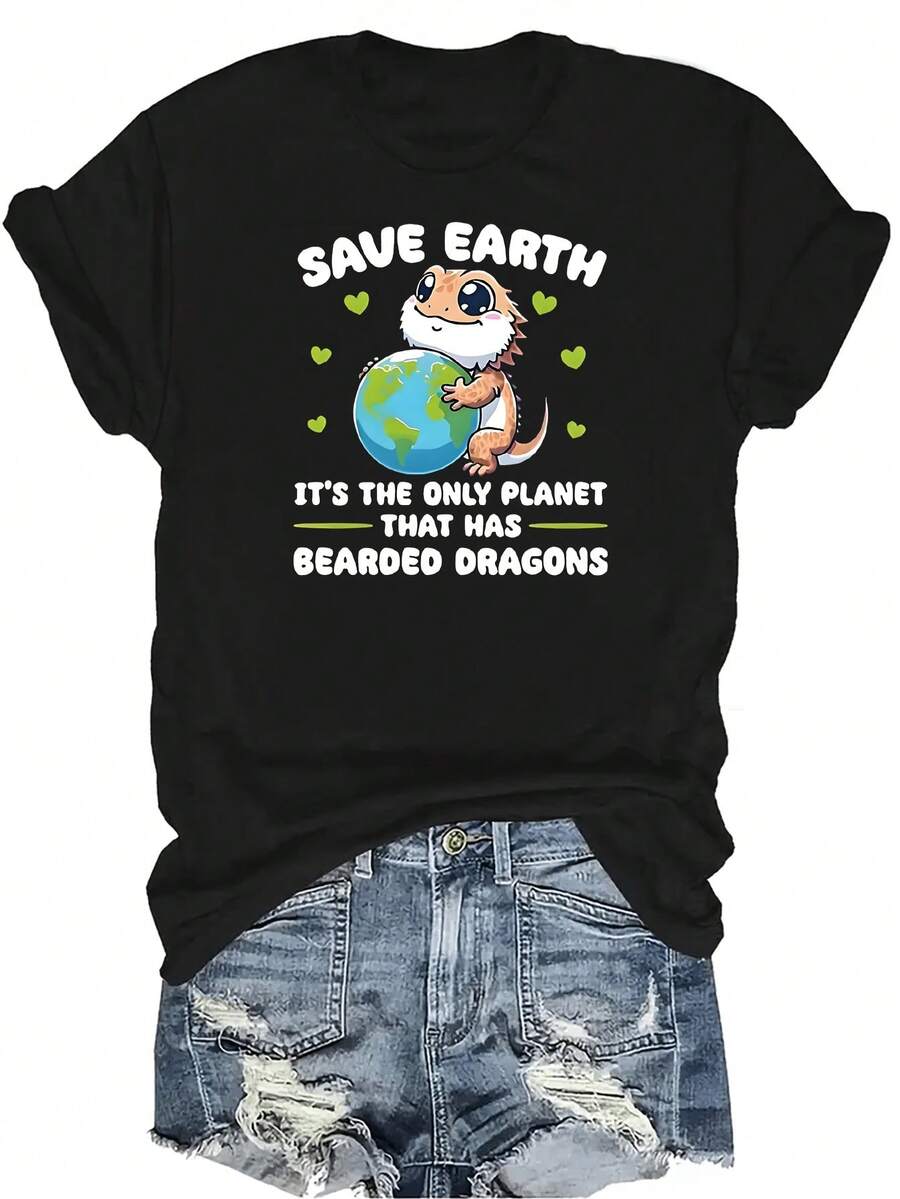 La Camiseta del Día de la Tierra con Dragones Barbados es el único planeta con Camiseta de Mujer Unisex de Verano Casual Transpirable de Personalidad de Cuello Redondo de Manga Corta, Ropa de Calle Versátil, Adecuada para Adolescentes y Adultos - Negro - Ver 1