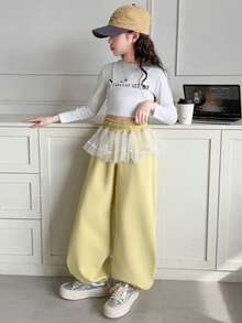 Calça de Moletom Reta Casual Folgada com Bordado Menina & Meninas, Confortável para Verão, Primavera e Outono - Amarelo - Visão 4