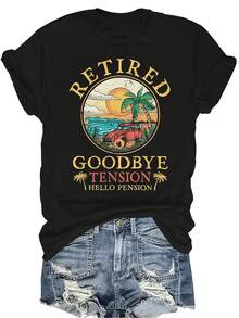 Camiseta de retiro divertida "Adiós tensión, hola pensión" para mujeres y unisex, de verano, casual, transpirable, con personalidad, cuello redondo, manga corta, ropa de calle, versátil, adecuada para adolescentes y adultos - Negro - Ver 1