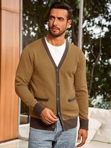 Men's Long Sleeve Button Down Knitted Cardigan Sweater With Pockets, Casual Style - 駝色 - 查看 4