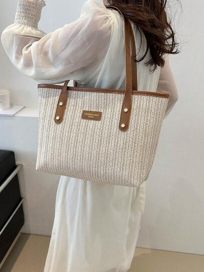 Straw Woven Tote Bag For Women, Fashion Vacation Beach Bag, Large Capacity Versatile Commuter Shoulder Bag