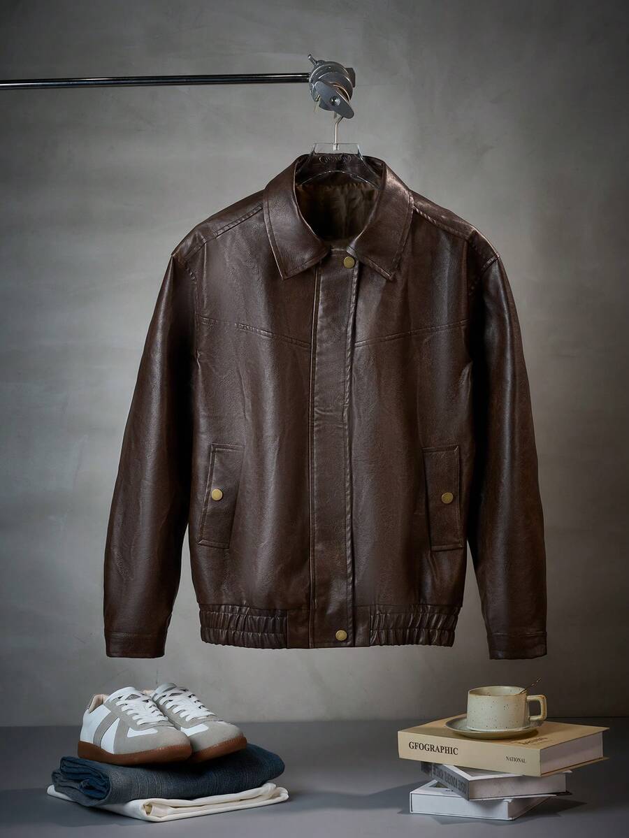 Chaqueta de cuero para hombre LOOKUN 2025, abrigo casual de negocios de primavera y otoño con solapa de PU suave - Marrón - Ver 1