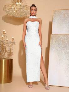 Elegant Beaded Decor Strapless High Slit Bridesmaid Dress, Bandage Party Gown - White - View 8