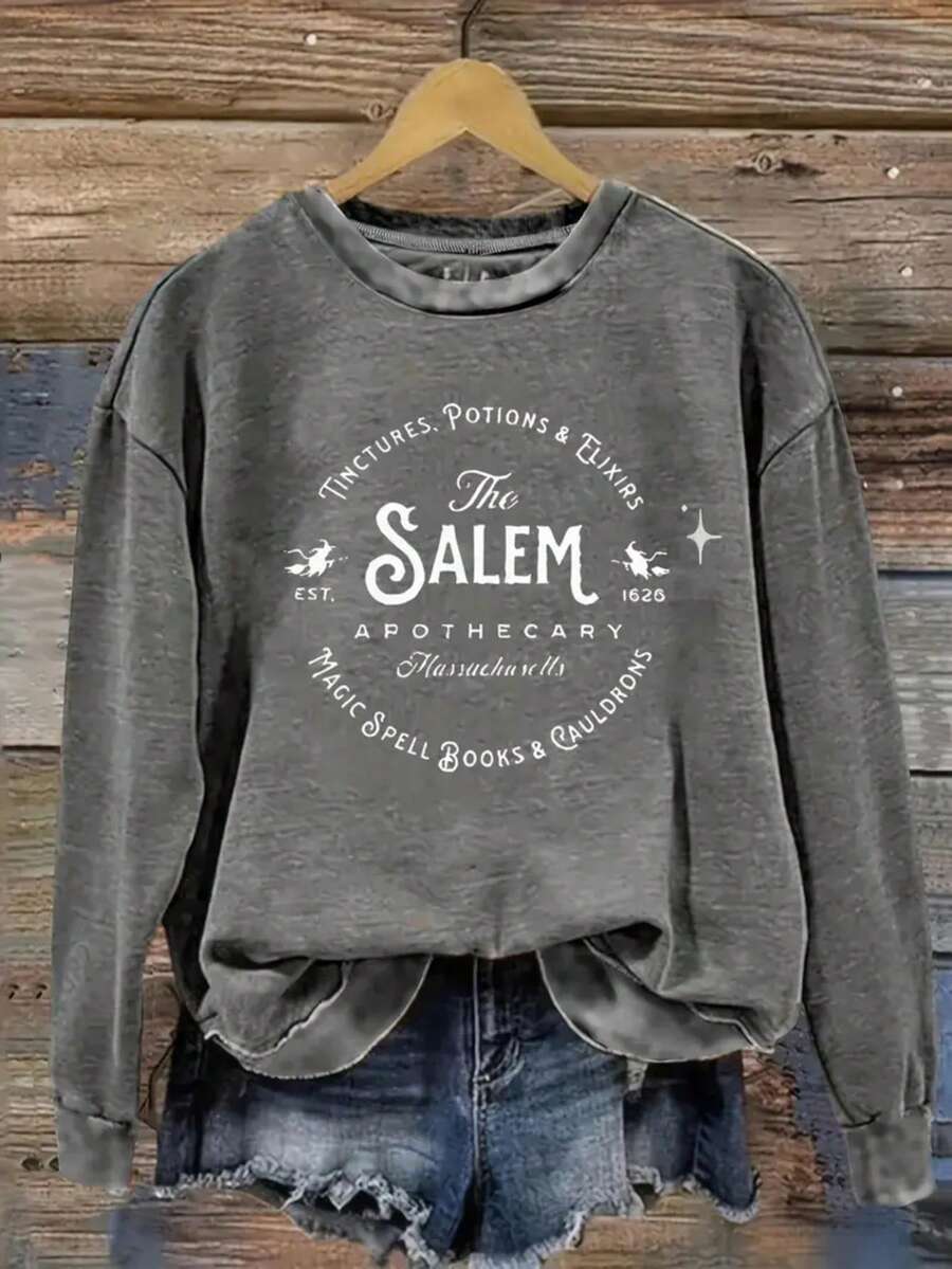 Halloween Outfits Witch Graphic Tees,Fall Clothes For Women Comfortable Casual "SALEM" Creative Letter Print Long-Sleeved T-Shirts,Party Gatherings Clothes Going Out Tops Women For Home Or Outdoor,Suitable For Daily Wear In Spring And Autumn