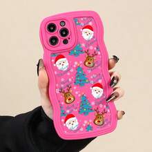 Christmas Tree, Santa Claus, Reindeer Pattern Wavy Design Shockproof Phone Case With Heart-Shaped Lanyard, Compatible With Apple 16 Pro Max, 14, 13, 12, 11 Pro Max, XS Max, X, XR, 8, 7, Plus, Suitable As Birthday Gift For Girlfriend, Family Or Personal Use