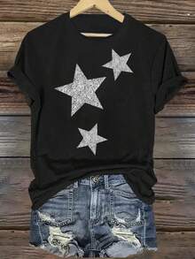 Women's Black Pentagram Print T-Shirt - Short Sleeve Round Neck Casual Top With White Star Graphic, Soft Breathable Fabric, Machine Washable, Versatile Casual Attire, Ladies T Shirts, Allseason Fashion, Playful Graphic Tee, Relaxed Fit Shirt - màu đen - Xem 1