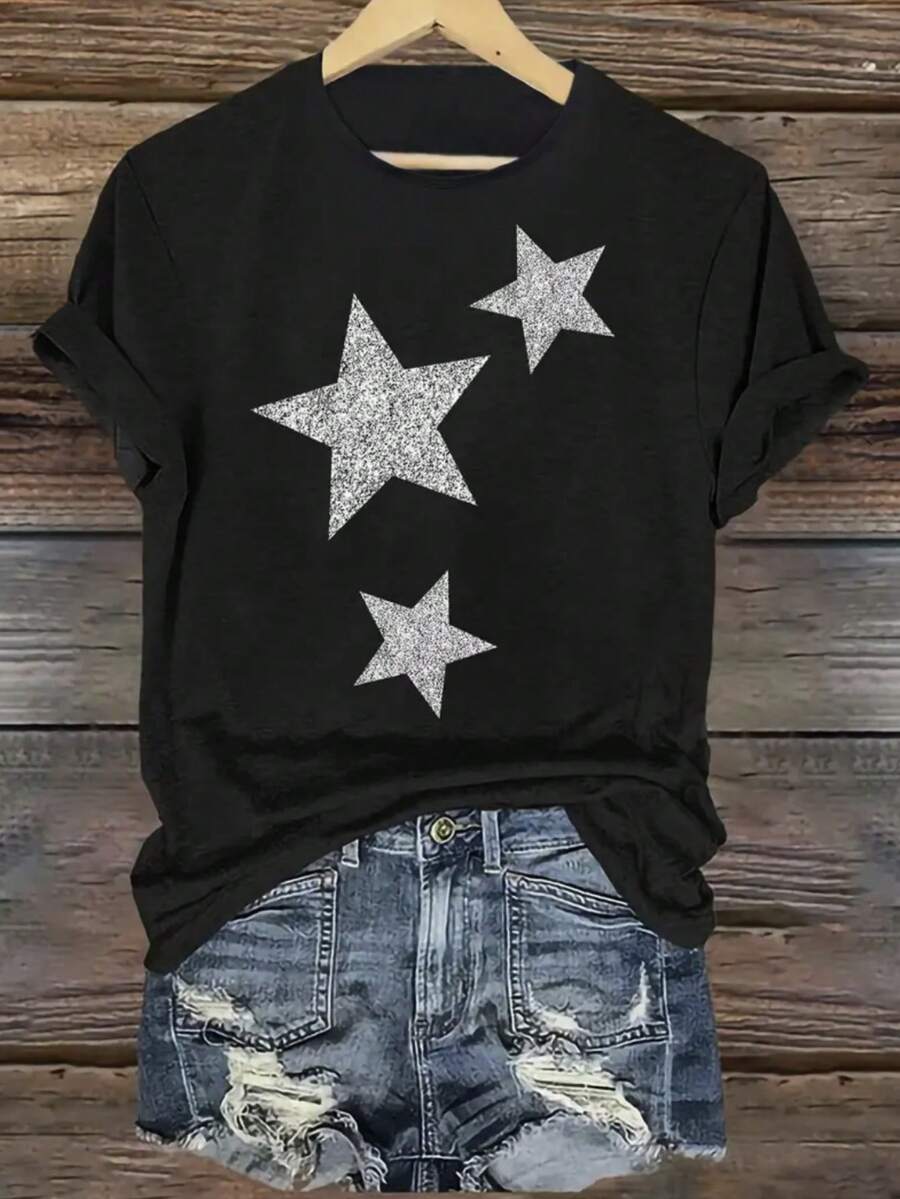 Women's Black Pentagram Print T-Shirt - Short Sleeve Round Neck Casual Top With White Star Graphic, Soft Breathable Fabric, Machine Washable, Versatile Casual Attire, Ladies T Shirts, Allseason Fashion, Playful Graphic Tee, Relaxed Fit Shirt - màu đen - Xem 1