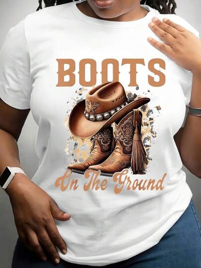 Women's 180g White Cotton Short Sleeve Crew Neck Printed T-Shirt With Boots On The Ground Graphic, Casual Western Style Cowboy Hat And Boots Design Top