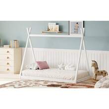 TWINSIZE CHILDREN'S WOODEN TENT BED, MONTESSORI-STYLE LOW-FLOOR BED, HOUSE-SHAPED TENT BED FRAME, SUITABLE FOR BOYS, GIRLS, AND TEENS, NO SLATS, NATURAL COLOR