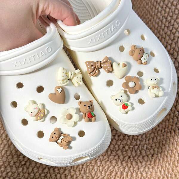 12pcs Cute Animal & Floral Shoe Charm Set - Adorable Bear, Bunny, Heart & Bow Designs In Pastel Colors, Durable ABS Material - Perfect For DIY Shoe Customization & Fashion Accessories