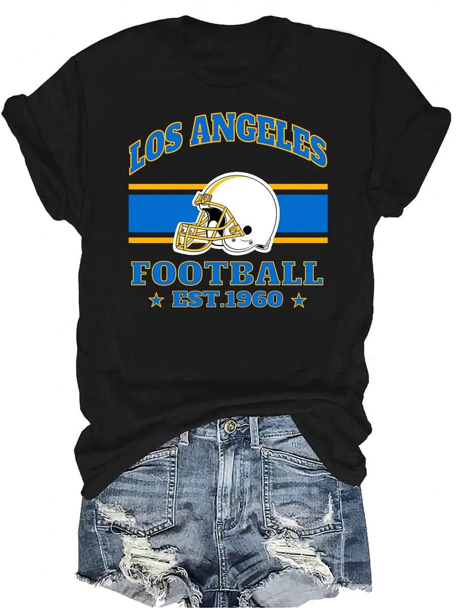Camiseta Los Angeles C para mujer y unisex, de verano, casual, transpirable, con personalidad, cuello redondo, manga corta, ropa de calle, versátil, adecuada para adolescentes y adultos - Negro - Ver 1