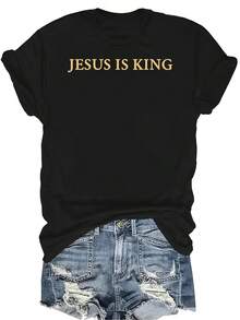 Camiseta cristiana "Jesús es Rey" para mujer y unisex, de verano, casual, transpirable, de personalidad, cuello redondo, manga corta, ropa de calle, versátil, adecuada para adolescentes y adultos - Negro - Ver 1