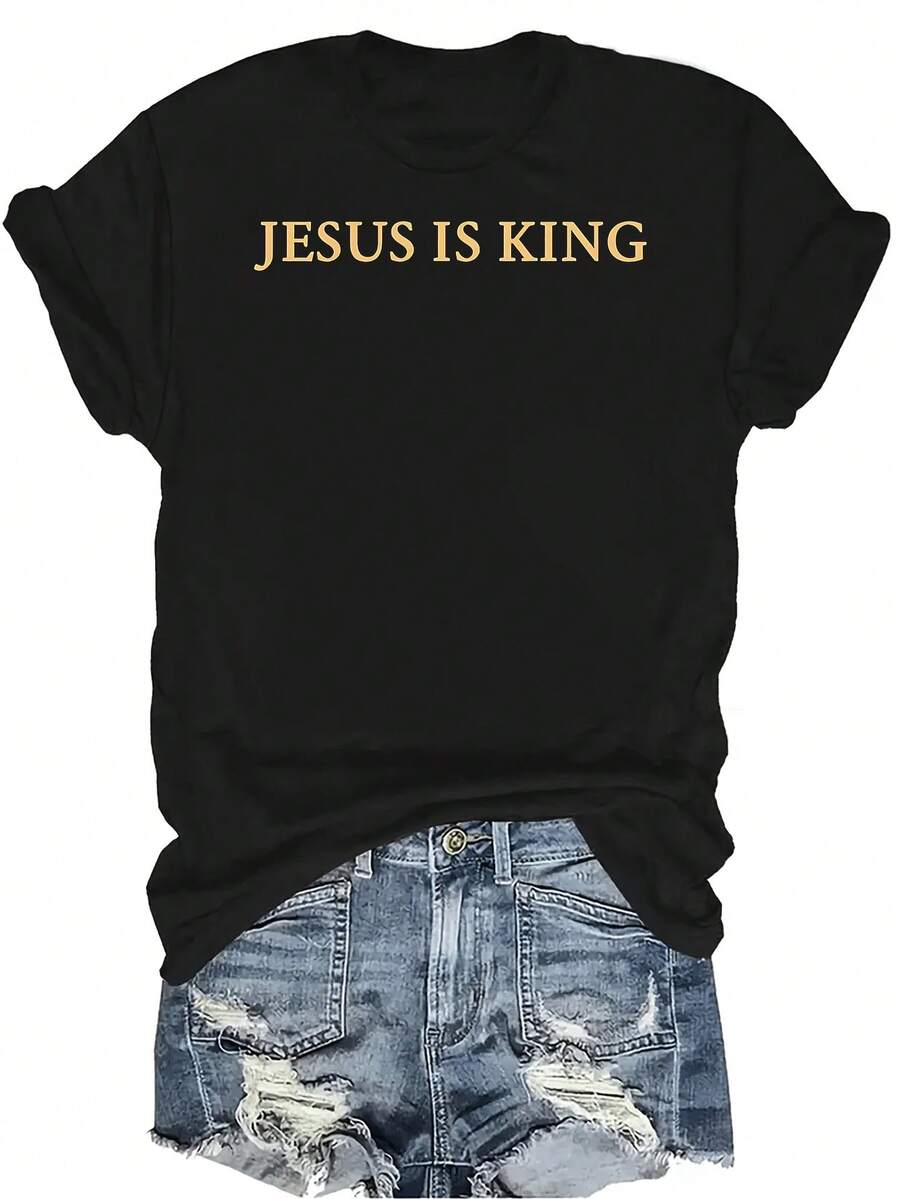 Camiseta cristiana "Jesús es Rey" para mujer y unisex, de verano, casual, transpirable, de personalidad, cuello redondo, manga corta, ropa de calle, versátil, adecuada para adolescentes y adultos - Negro - Ver 1