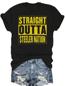 Camiseta creativa con estampado "Straight Outta Steeler Nation" para hombres, mujeres y unisex, de manga corta, cuello redondo, de verano, transpirable y con personalidad, adecuada para adolescentes y adultos - Negro - Ver 1