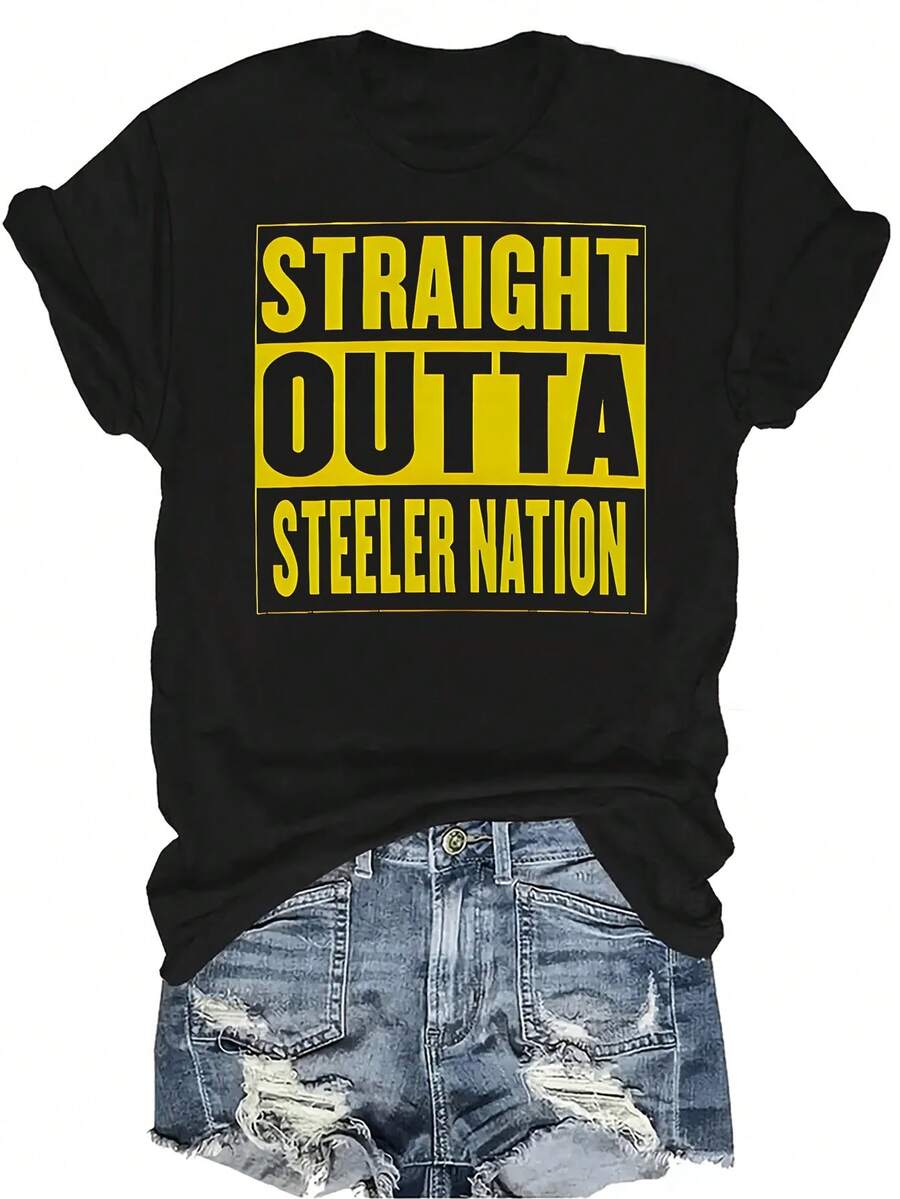 Camiseta creativa con estampado "Straight Outta Steeler Nation" para hombres, mujeres y unisex, de manga corta, cuello redondo, de verano, transpirable y con personalidad, adecuada para adolescentes y adultos - Negro - Ver 1