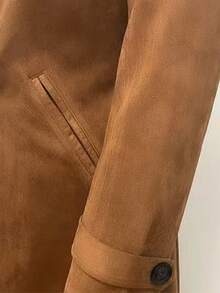 Women's Elegant Vintage Commuter Jacket, Classic Notched Collar Belted Daily Windbreaker Jacket, Ladies Faux Suede Windbreaker Coat - Brown - View 4