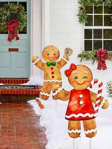 2件套户外圣诞装饰品，姜饼男孩和女孩塑料庭院插牌，姜饼屋圣诞庭院插牌，16英寸简约冬季标志，适用于草坪、花园、前门、农舍门廊等。圣诞节假日小径花园露台派对礼物 - 彩色 - 查看 3