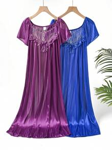 2-Pack Women's Floral Embroidered Off-Shoulder Satin Nightdress Set: Smooth Striped Fabric, Bow Accent, Short Sleeves, Vibrant Colors-Elegant Design Meets Cozy Comfort For Restful Sleep & Relaxing Lounging - Tím đậm + Xanh hoàng gia - Xem 13