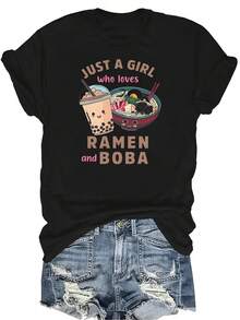 Camiseta con estampado de ramen de té con leche para mujeres y unisex, de verano, casual, transpirable, de personalidad, de cuello redondo, de manga corta, de uso versátil, adecuada para adolescentes y adultos - Negro - Ver 1