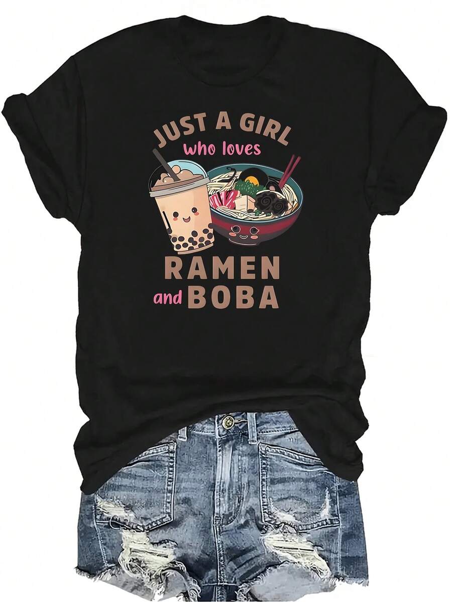 Camiseta con estampado de ramen de té con leche para mujeres y unisex, de verano, casual, transpirable, de personalidad, de cuello redondo, de manga corta, de uso versátil, adecuada para adolescentes y adultos - Negro - Ver 1
