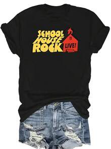 Camiseta de mujer y unisex con estampado de patrón de casa escolar, de verano, casual, transpirable, de personalidad, de cuello redondo, de manga corta, de uso versátil, adecuada para adolescentes y adultos - Negro - Ver 1