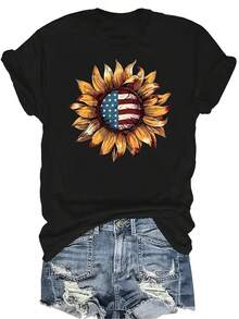Camiseta con estampado de bandera de girasol para mujer y unisex, de verano, casual, transpirable y de personalidad, con cuello redondo y manga corta, versátil, adecuada para adolescentes y adultos - Negro - Ver 1