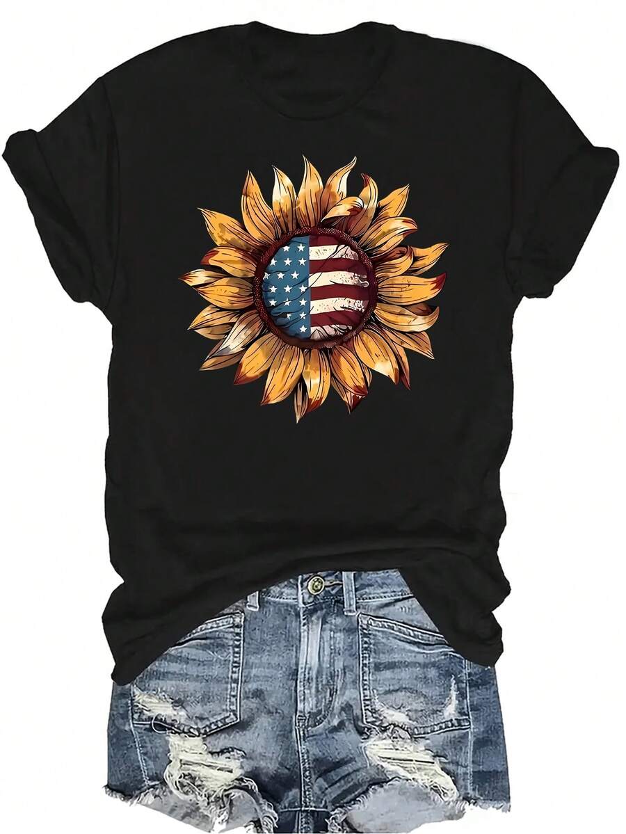 Camiseta con estampado de bandera de girasol para mujer y unisex, de verano, casual, transpirable y de personalidad, con cuello redondo y manga corta, versátil, adecuada para adolescentes y adultos - Negro - Ver 1