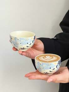 1件套复古简约陶瓷咖啡杯碟套装，百合图案功夫茶杯，家用客厅陶瓷茶杯，咖啡拿铁杯带木架 - 彩色 - 查看 10