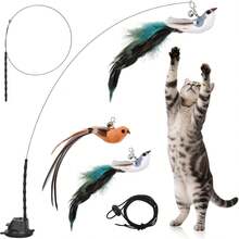 5pcs Juguetes para Gatos Interactivos, 2 Pajaritos Voladores con Campanas, Varita Juguete para Gato, Ventosa Fija, Cuerda Pegajosa, Juguetes Gato Divertidos y Resistentes - 1 - Ver 1