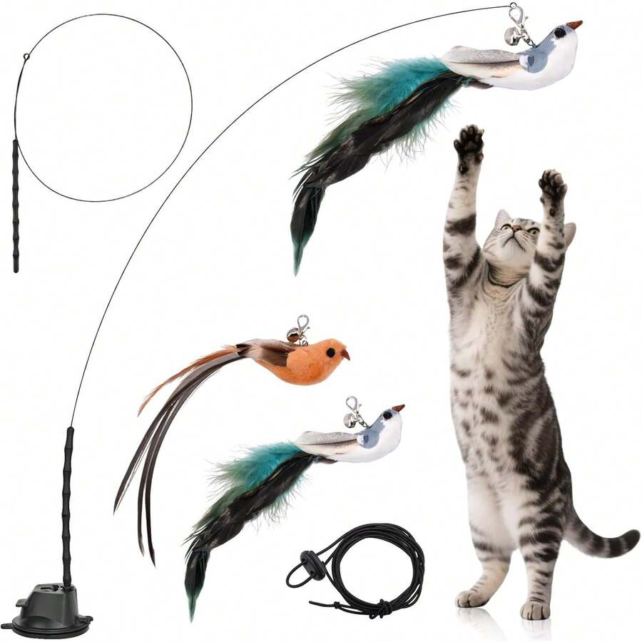 5pcs Juguetes para Gatos Interactivos, 2 Pajaritos Voladores con Campanas, Varita Juguete para Gato, Ventosa Fija, Cuerda Pegajosa, Juguetes Gato Divertidos y Resistentes - 1 - Ver 1